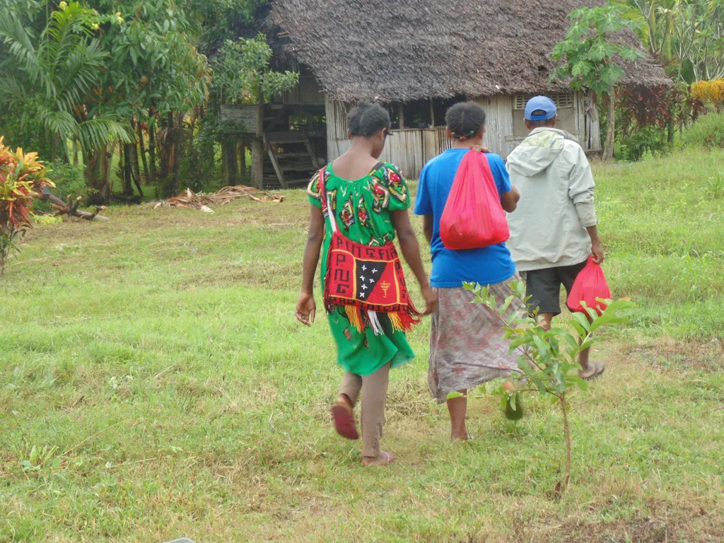 Every Home volunteers walking toward a remote village home in Papua New Guinea